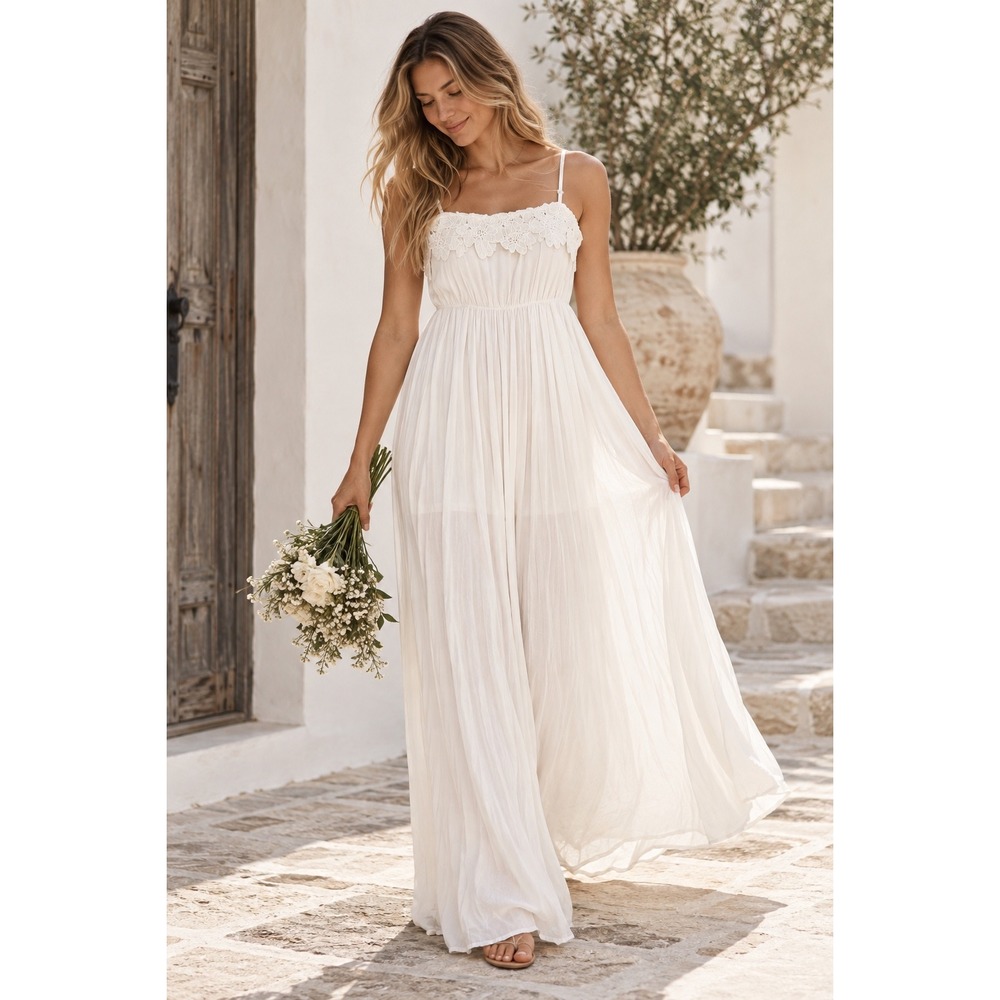 Doe & Rae White Lace Trim Pleated Maxi Dress Medium Spaghetti Strap Boho